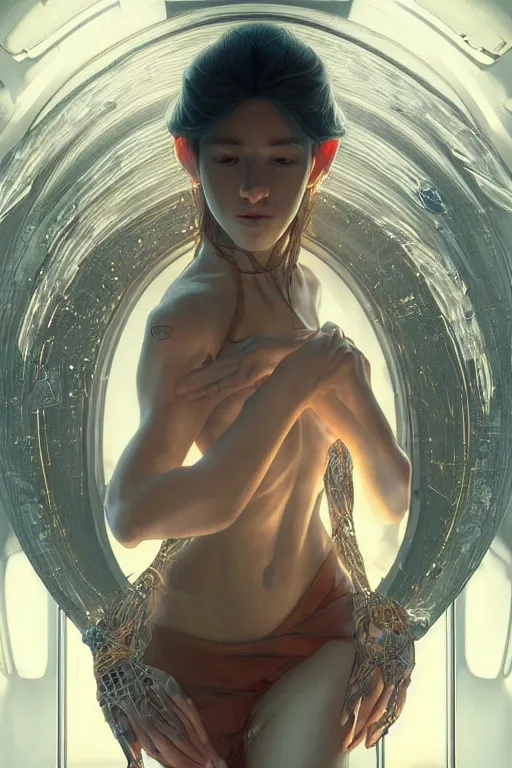 Prompt: beautiful and enigmatic artificial intelligence held captive in a remote research facility. vulnerability and innocence, ultra realistic, sharp details, subsurface scattering, intricate details, warm lighting, beautiful features, highly detailed, photorealistic, octane render, 8 k, unreal engine, art by artgerm and greg rutkowski and alphonse mucha