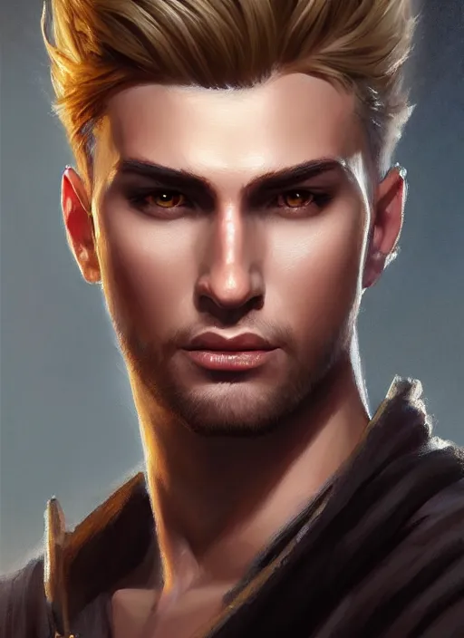 Image similar to a _ fantasy _ style _ portrait _ painting _ of male, medium dark blonde hair side part and blonde stubble, rpg dnd oil _ painting _ unreal _ 5 _ daz. _ rpg _ portrait _ extremely _ detailed _ artgerm _ greg _ rutkowski _ greg