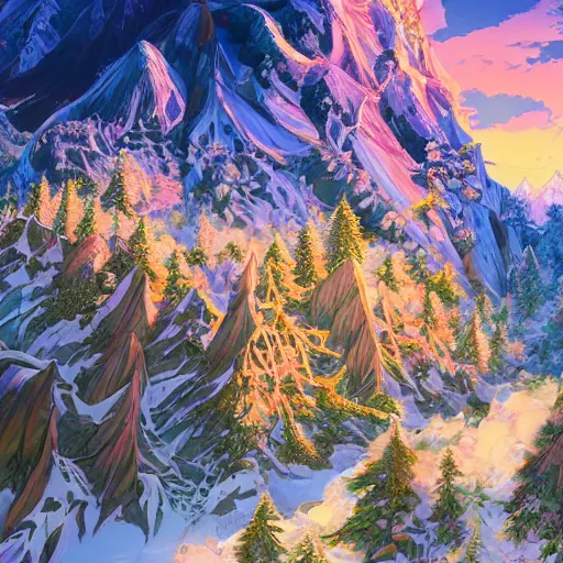 Image similar to the aesthetic view of the beautiful, grand, wistful, dreamy snowcapped mountain at dusk, hyperrealistic anime illustration by iralki nadar, colorful, extremely detailed, intricate linework, super sharp focus, bright colors, octopath traveler, studio ghibli, unreal engine 5 highly rendered, global illumination, radiant light, detailed and intricate environment