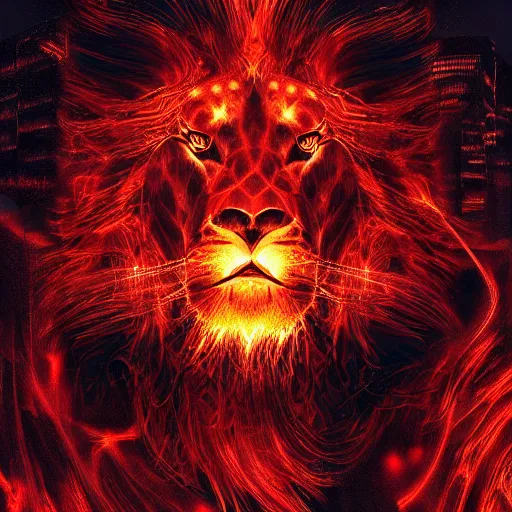 Image similar to fire lion, art, cyberpunk