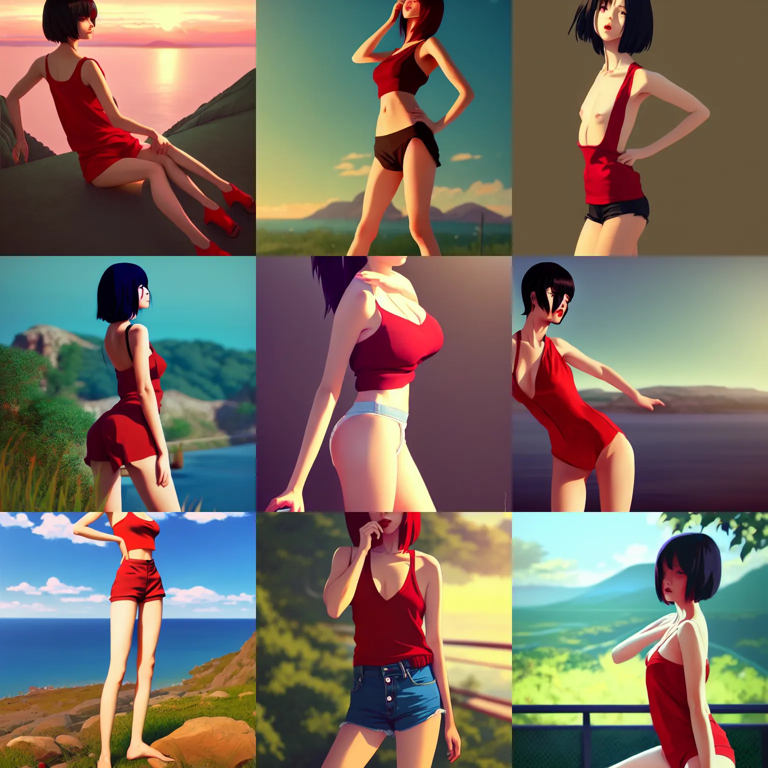 Prompt: sexy girl wearing a low cut tanktop and shorts, bending down slightly, hand on hips, luscious red lips, scenic view, in the style of ilya kuvshinov, 3 d, high definition anime art, octane render, gorgeous, sexy, pretty