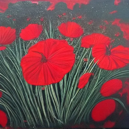 Prompt: oil painting of many various red flowers on a black background, painted by Sandro Botticelli, the flowers are floating and are seen from the side, dark atmosphere, realistic flowers oil painting