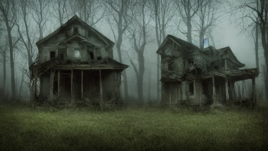 Prompt: old abandoned house in the forest, dark, spooky, dreamlike, in the style of 1 3 ghosts movie, low light, hyperrealistic, coherent composition