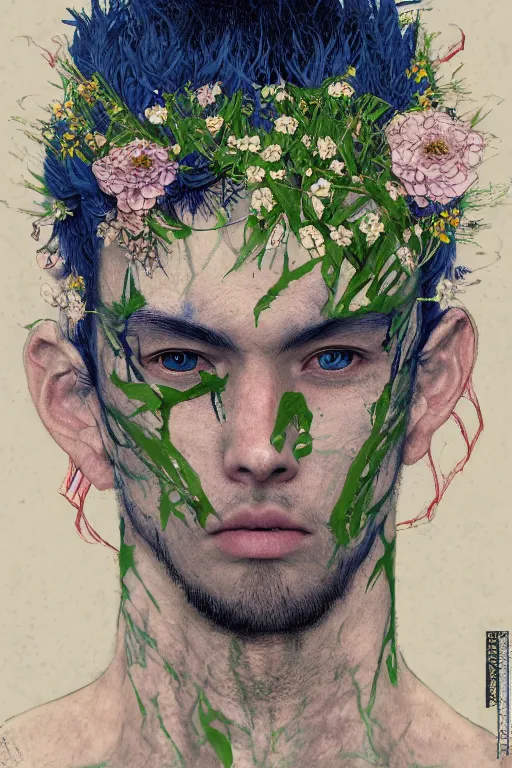 Prompt: portrait of beautiful young man, warhammer, japanic style, cyberpunk, a lot of scars, more and more flowers, blue head, green side, the middle ages, highly detailed, artstation, illustration, art by gustav klimt, 8 k quality