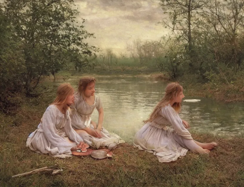 Image similar to peasant girls on a shore of river ivana kupala, midsommar, cottage core, cinematic focus, polaroid photo bleached vintage pastel colors high - key lighting, soft lights, foggy, by steve hanks, by lisa yuskavage, by serov valentin, by tarkovsky, 8 k render, detailed, oil on canvas