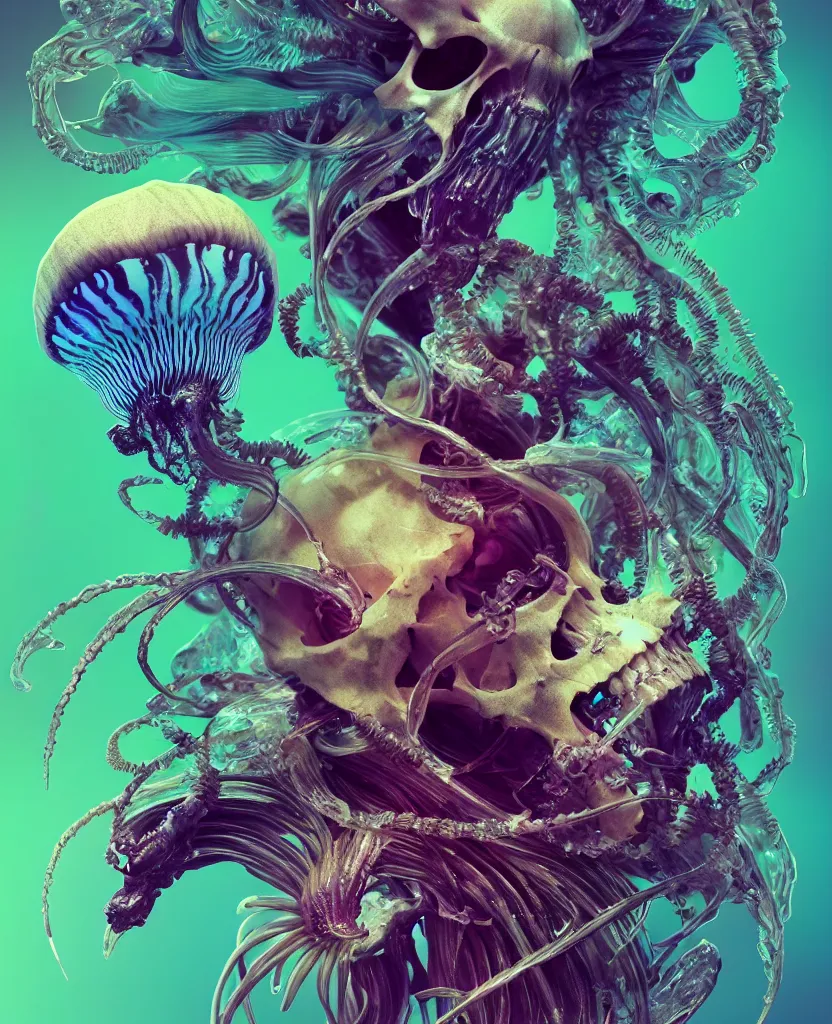 Image similar to goddess close-up portrait goat skull. jellyfish phoenix head, nautilus, orchid, skull, betta fish, bioluminiscent creatures, intricate artwork by Tooth Wu and wlop and beeple. octane render, trending on artstation, greg rutkowski very coherent symmetrical artwork. cinematic, hyper realism, high detail, octane render, 8k