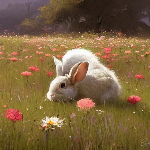 Image similar to a rabbit in a field of beautiful flowers, by stanley lau and greg rutkowski