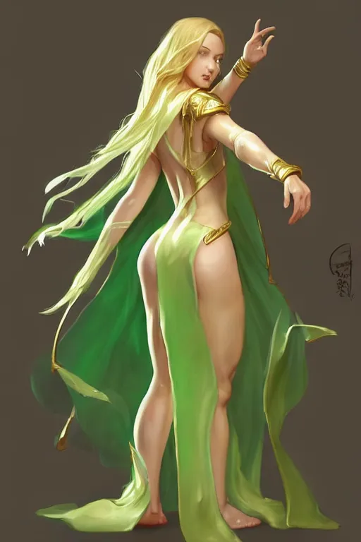 Prompt: Pretty Female cleric, golden-white robes, fantasy, green eyes, extremely detailed face!, young, 2 arms and 2 legs!, shaped derriere, looking from behind!, high fantasy, artstationgHQ, artstationHD, octane, by artgerm and wlop