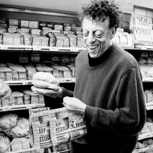 Prompt: newspaper photo of philip glass buying a loaf of bread, 1990