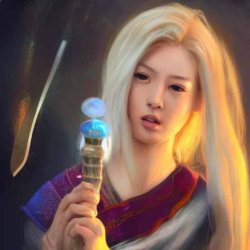 Image similar to a digital painting of a woman with blonde hair, a character portrait by feng zhu, cgsociety, fantasy art, ethereal glow, light white rainbow nails and a glowing chromatic sword behind her, medieval armour, waterfall, crocodile, tamborine, salt shaker, happy friend, fire, lamps, artstation hq, artstation hd, fantasy