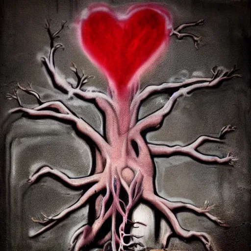 Image similar to graffiti of a dripping anatomical heart with roots growing above it, sadness, dark ambiance, concept by godfrey blow, banksy, featured on deviantart, sots art, lyco art, artwork, photoillustration, poster art