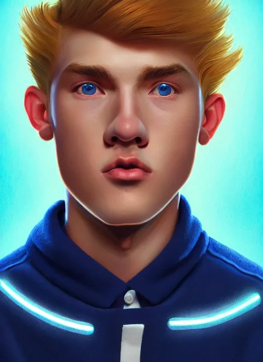 Image similar to portrait of high school senior boy named big moose, blonde short hair, jock, beefy, wide face, square jaw, square facial structure, blue varsity jacket with letter r, intricate, elegant, glowing lights, highly detailed, digital painting, artstation, concept art, sharp focus, illustration, art by wlop, mars ravelo and greg rutkowski