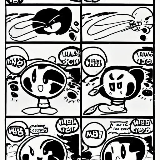 Prompt: kirby in a comic, child's drawing style