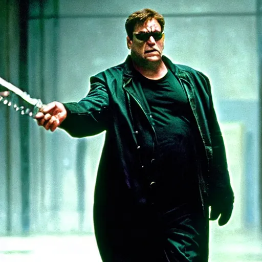 Image similar to john goodman as neo in the matrix movie, realizing he's in the matrix