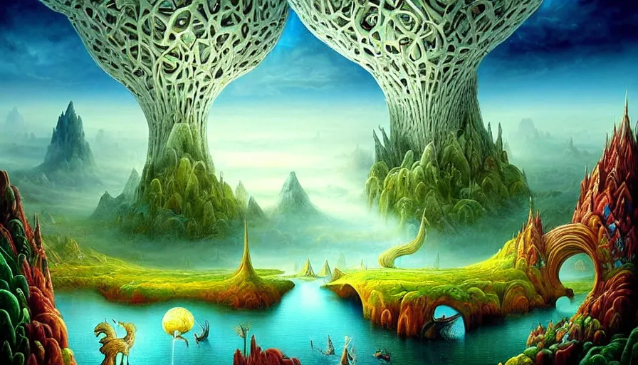 Prompt: a beautiful epic stunning amazing and insanely detailed veduta of fantasy dream worlds with surreal architecture designed by Heironymous Bosch, mega structures inspired by Heironymous Bosch's Garden of Earthly Delights, vast surreal landscape and horizon by Cyril Rolando and Andrew Ferez, rich pastel color palette, masterpiece!, grand!, imaginative!!, whimsical, epic scale, intricate details, sense of awe, elite, fantasy realism, complex composition, 4k, 8k, HD, wallpaper, octane render, artstation, fractals