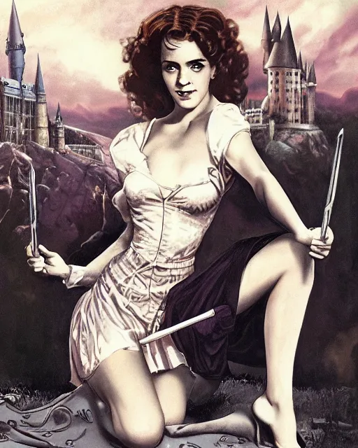 Prompt: pinup photo of hermione granger by emma watson in the crowded square of hogwarts, gil elvgren, enoch bolles, edward robert hughes, henry justice ford, glossy skin, pearlescent, very coherent, very detailed