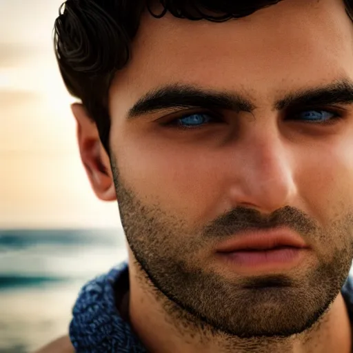 Prompt: real life photo of a Greek man, short dark hair, clean shaven, blue watery eyes, full round face, short smile, serene coastal setting, cinematic lightning, medium shot, mid-shot, highly detailed, photorealistic, 80mm, 85mm, cinematic wallpaper