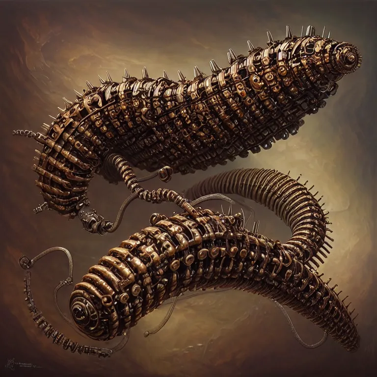 Prompt: steampunk robot millipede, 3 d model, unreal engine realistic render, 8 k, micro detail, intricate, elegant, highly detailed, centered, digital painting, artstation, smooth, sharp focus, illustration, artgerm, tomasz alen kopera, peter mohrbacher, donato giancola, joseph christian leyendecker, wlop, boris vallejo