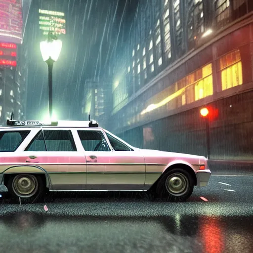 Image similar to hyperdetailed, photorealistic photograph of the ecto 1 driving in the streets, rain, night, dense fog, hd, unreal engine 5