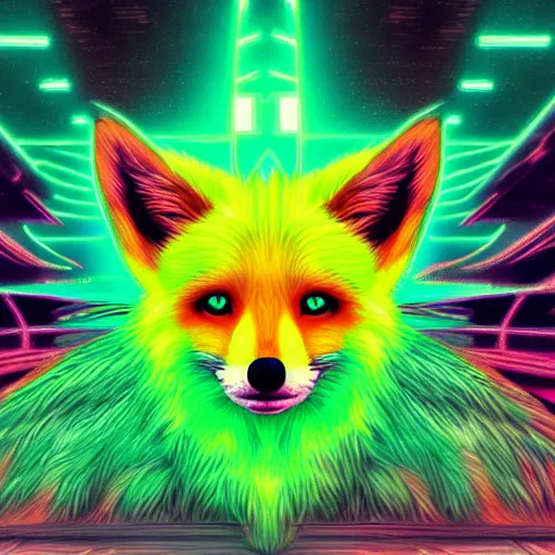 Prompt: digital green as lime fox, retrowave palette, digital world, highly detailed, electric breeze, anatomically correct vulpine, synth feel, fluffy face, ear floof, flowing fur, super realism, accurate animal imagery, 4 k digital art