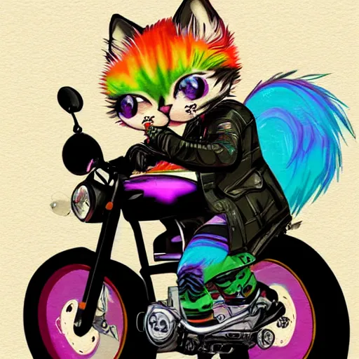 Image similar to wide angle full body, jacket wearing fluffy cute rainbow kitten wearing a black leather motorcycle jacket, riding on a motorcycle, cinematic concept art