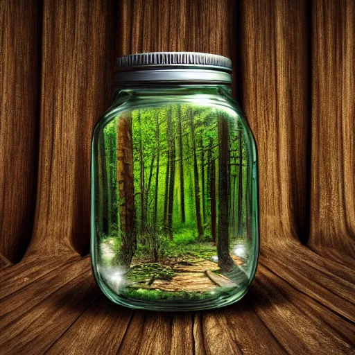 Prompt: A photo of a rainy forest inside a jar, studio photo, highly detailed,studio lighting