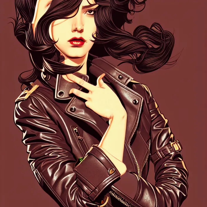 Image similar to woman in leather illustration, vector art style, medium shot, intricate, elegant, highly detailed, digital art, ffffound, art by jc leyendecker and sachin teng