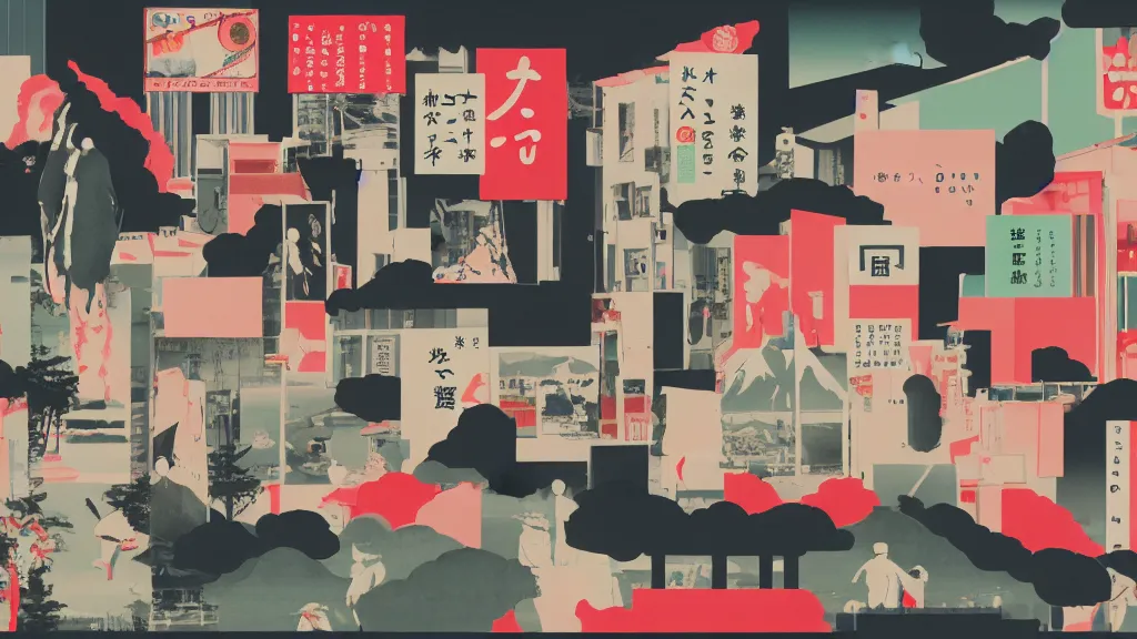 Image similar to japan, a collage painting, in the style of wes anderson, lola dupre, david hockney, isolated on negative white space background dark monochrome neon spraypaint accents volumetric octane render