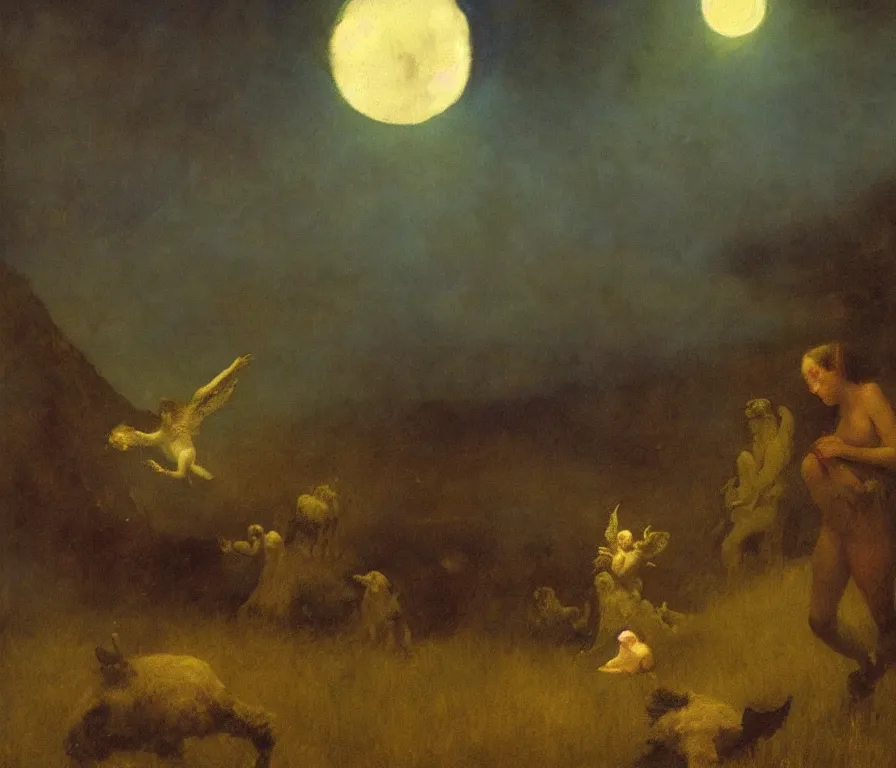Prompt: dramatic lighting romantic painting titled'mama here comes midnight with the dead moon in its jaws ', magical realism symbolist, full landscape with hybrid animal figures, painted by arnold bocklin and odilon redon and max ernst, shocking detail trending on artstation 8 k