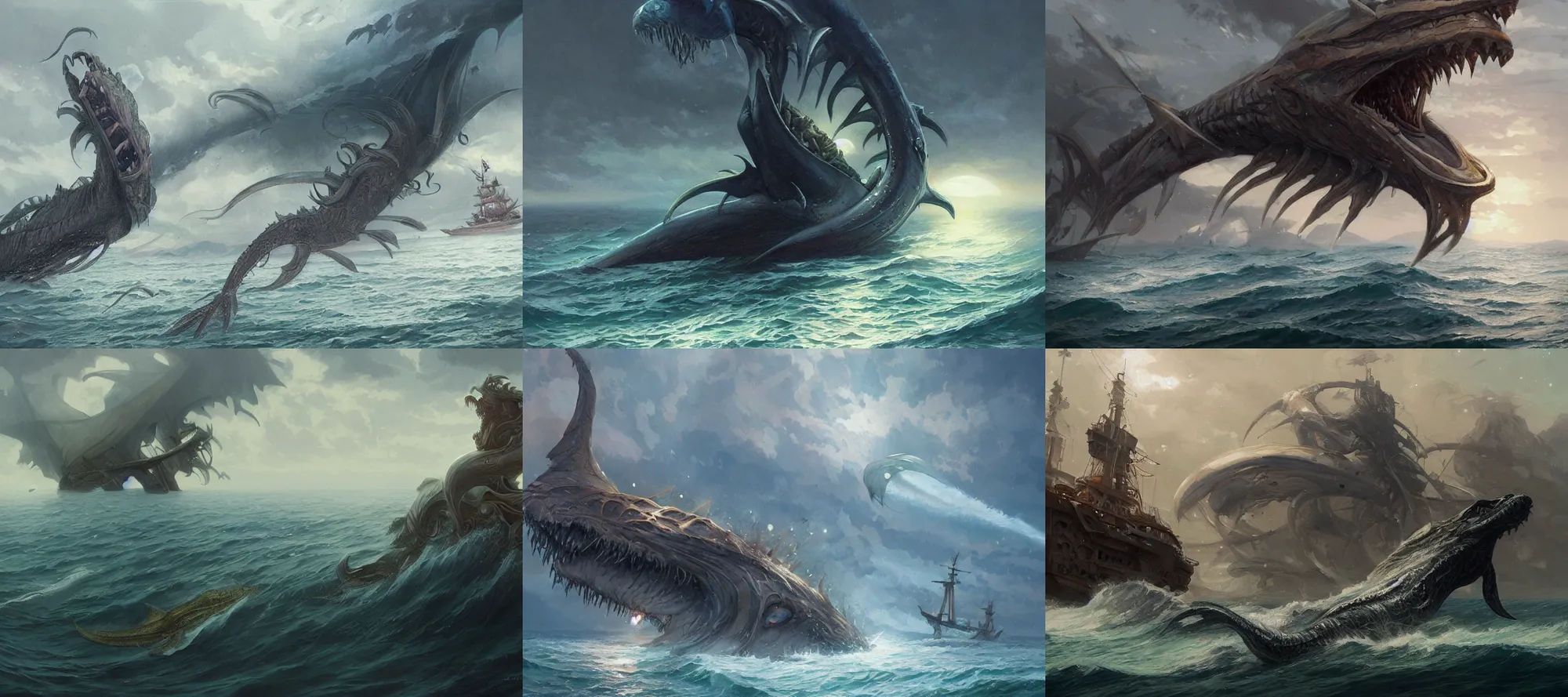 Prompt: sea monster attacks a ship in the sea, elegant, highly detailed, digital painting, artstation, concept art, smooth, sharp focus, illustration, art by artgerm and greg rutkowski and alphonse mucha