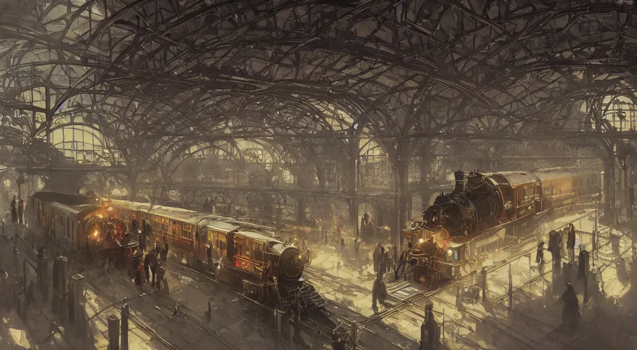 Prompt: subway station with an arriving steam train, highly detailed, digital painting, artstation, concept art, smooth, sharp focus, steampunk illustration, art by greg rutkowski and alphonse mucha