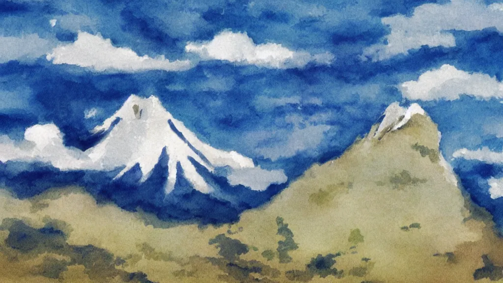 Prompt: a mountain tip in the clouds. haboku artwork.