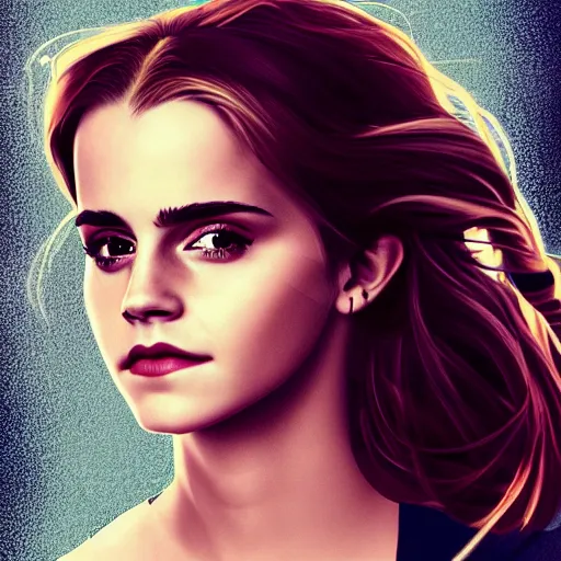 Prompt: portrait of emma watson staring at you, beautiful, long hair, eye contact, high detail, vivid colors, navy background, artstation