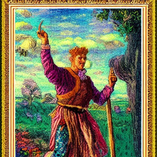 Image similar to the fool tarot card, pastel impressionist, intricate border, insanely detailed, 8 k scan, in frame, satisfying, clever