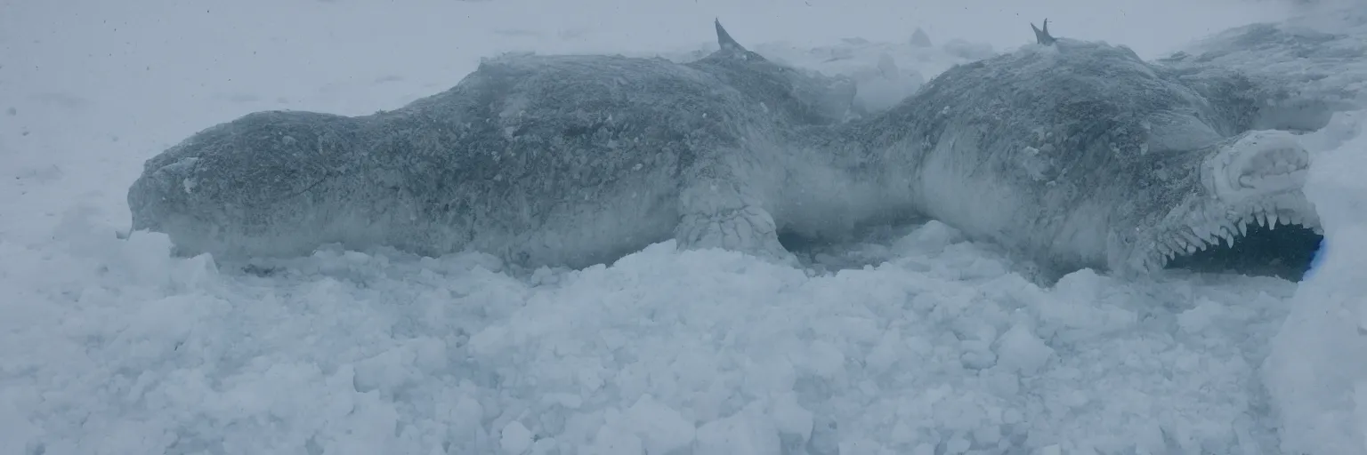 Prompt: photo of A (gigantic) monster trapped under the ice