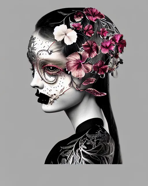 Prompt: monochrome profile portrait painting, dutch masters, silver lace floral steampunk biomechanical beautiful young female cyborg with one fluo techno eye, monocular, volumetric light, leaves foliage and stems, hibiscus flowers, rim light, big gothic fashion pearl embroidered collar, 8 k