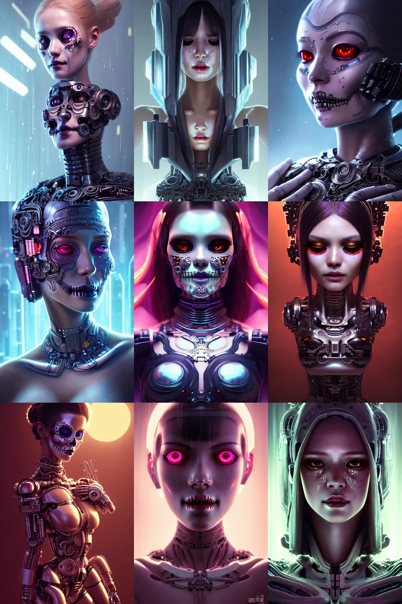 Prompt: beautiful crying female android! deity, ( mechanical ), intricate, super highly detailed, global illumination, cinematic, ( el dia los muertos ), smooth, blade runner, photorealism, hd, 8 k, beautiful, cinematic, art by rossdraws and kuciara and moebius and rutkowski and artgerm and mucha and loish and wlop