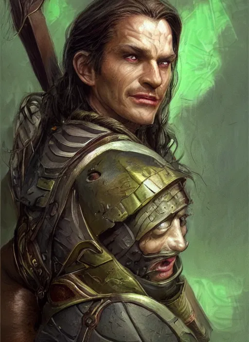 Image similar to a warrior in his twenties smirking deceitfully with long light brown hair tied back, light green eyes, a large forehead, a widows peak and a round face with high cheekbones and full lips as a realistic d & d fantasy character, portrait art by donato giancola and greg rutkowski, vintage retro, realistic face, digital art, trending on artstation