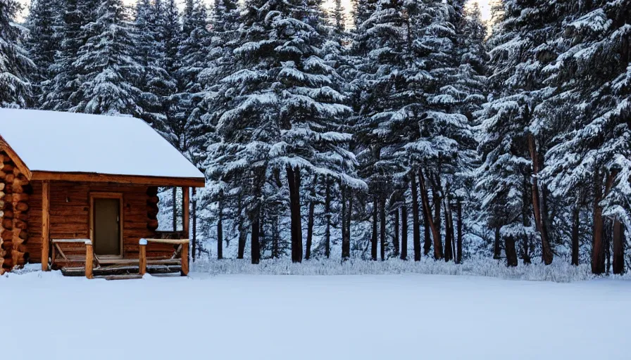 Prompt: empty cozy small cabin, warm, outside winter landscape