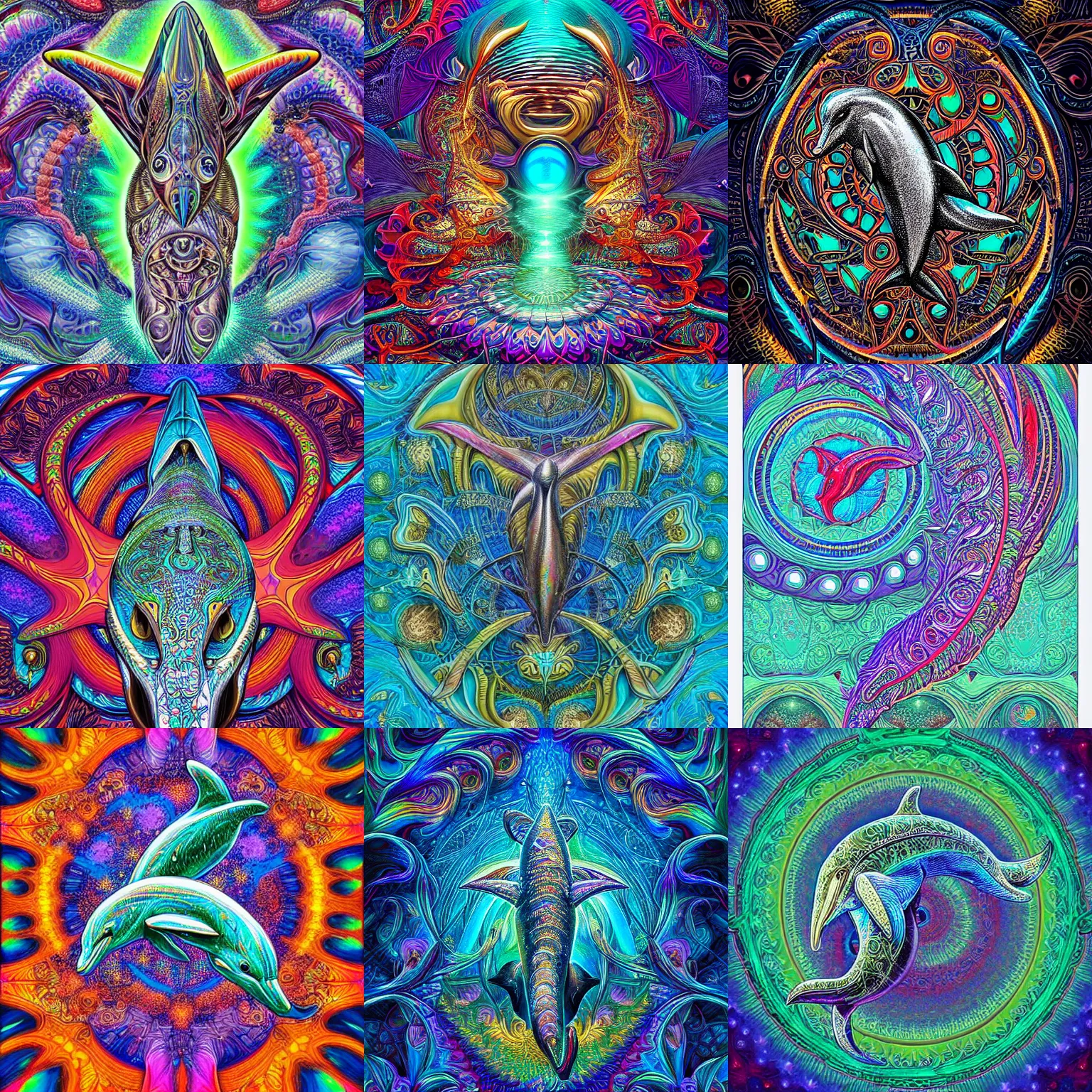 Prompt: a intricate ornate psychedelic image of a dolphin, digital art by felix kelly, alex grey, dan mumford, artgerm, psychedelic art, psychedelic, fractalism, fractals, artstation, detailed, art, hyper realism, hyper detailed, cgsociety, ue 5, hd, 3 d