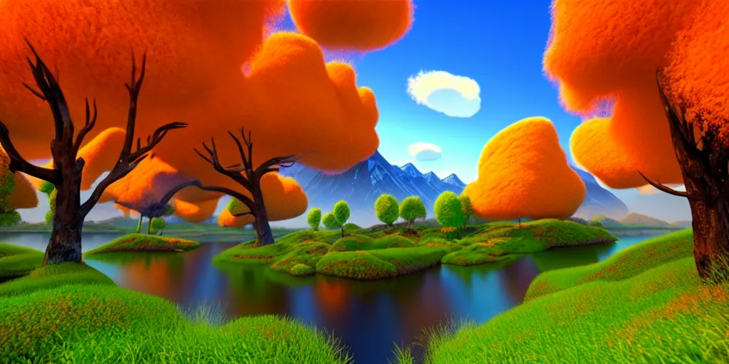 Image similar to a beautiful 3 d fantasy landscape art, orange clouds in the blue sky and green trees, snowy mountains, 3 d art in bob ross style, unreal engine 5, hyper realism