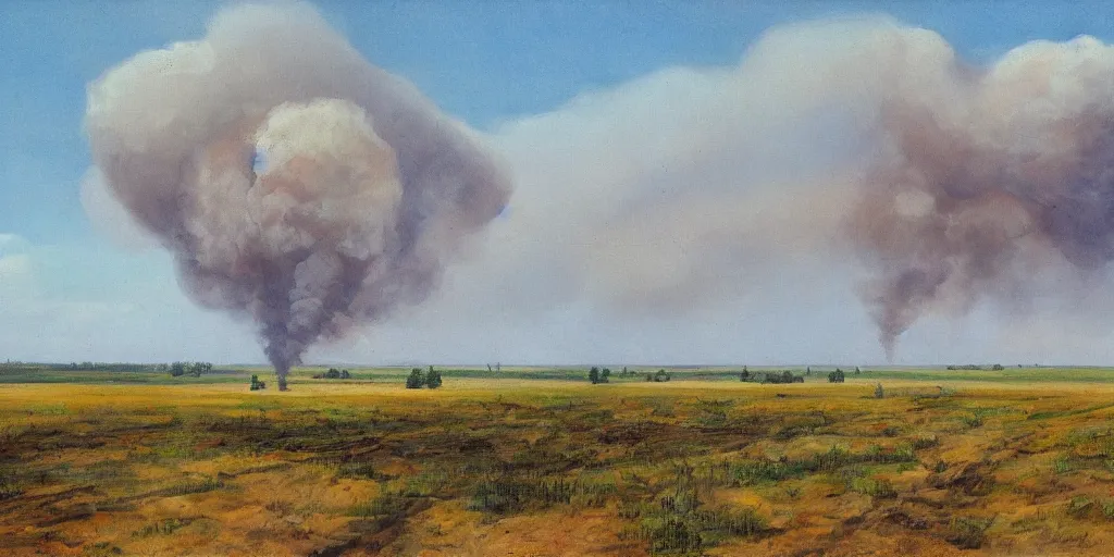 Image similar to an eastern front battlefield landscape, summertime, shell craters, distant smoke column on the horizon, oil painting in the style of peredvizhniki