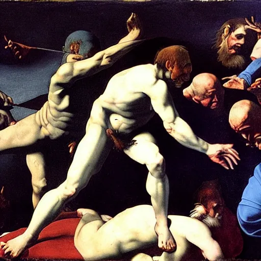 Prompt: god punishing a sinner in the abysm of a dark and cold hell, cold and blue picture, demons around looking for, caravaggio style, dante's inferno