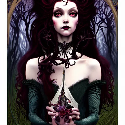 Image similar to a dark gothic version of Princess Merida, face, fantasy, intricate, elegant, highly detailed, digital painting, artstation, concept art, smooth, sharp focus, illustration, art by Gerald Brom and Jasmine Becket-Griffith and Fernanda Suarez and alphonse mucha