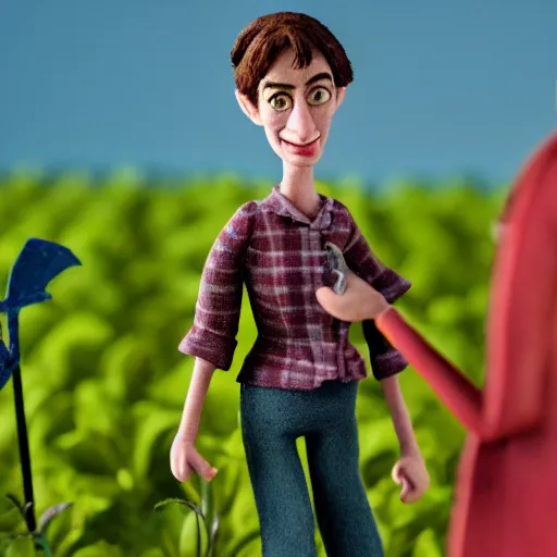 Image similar to a cinematic film still of a claymation stop motion film starring anne hathaway as female farmer with pitchfork, shallow depth of field, 8 0 mm, f 1. 8