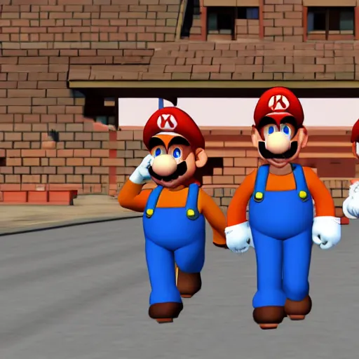 Prompt: mario as prison camp guard marching, wwii, officers uniform, cartoon style, ingame screenshot