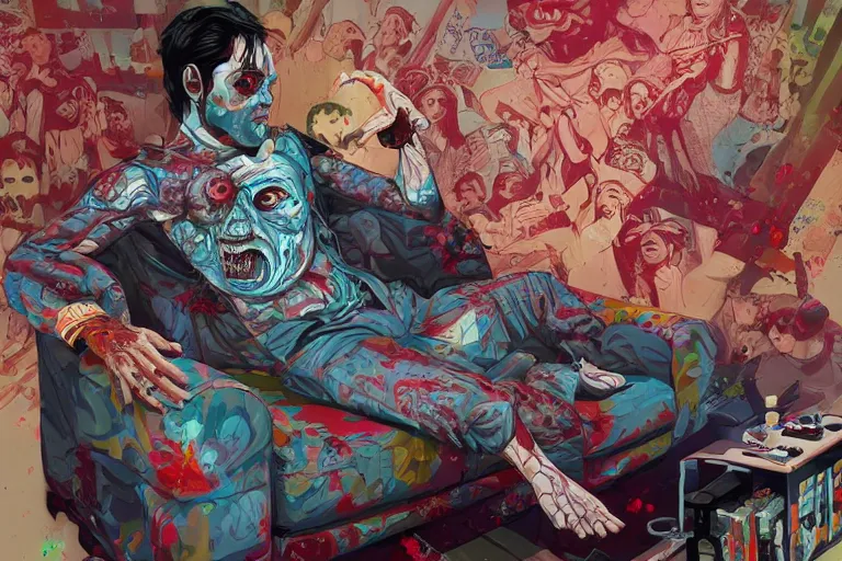 Image similar to a zombie dad on the couch, Tristan Eaton, victo ngai, artgerm, RHADS, ross draws