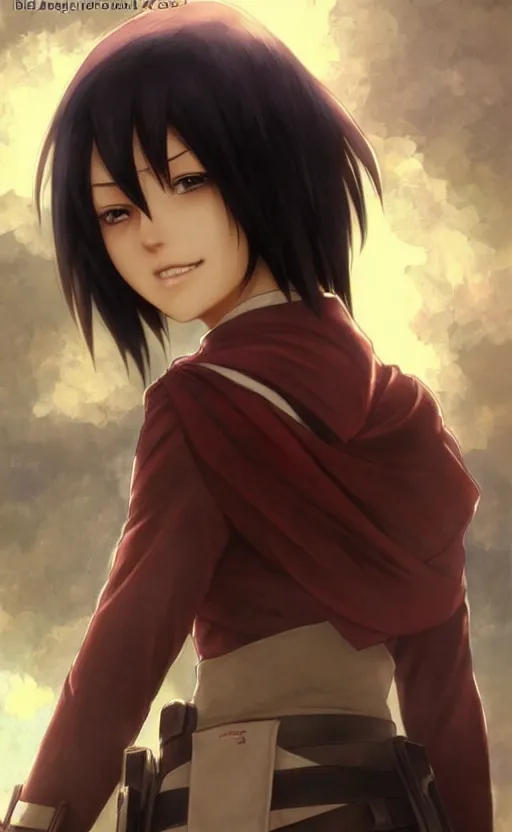 Image similar to mikasa ackerman, hero pose, medium shot, bokeh, beautiful face!!!!, 2 7 years old, cg animation, lifelike, animated, realistic, character select portrait, by artgerm, greg rutkowski, alphonse mucha, 3 d