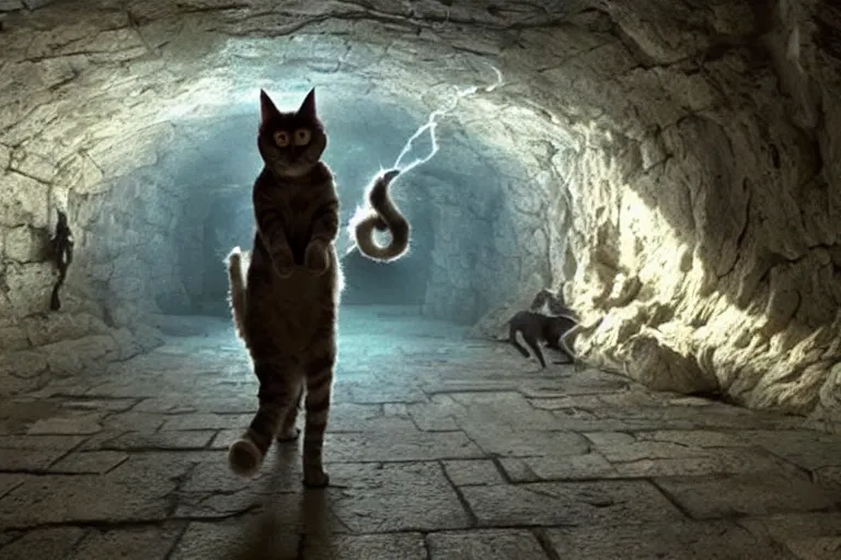 Image similar to futuristic VFX movie of a cat walking through a wizards magic underground study, natural lighting by Emmanuel Lubezki