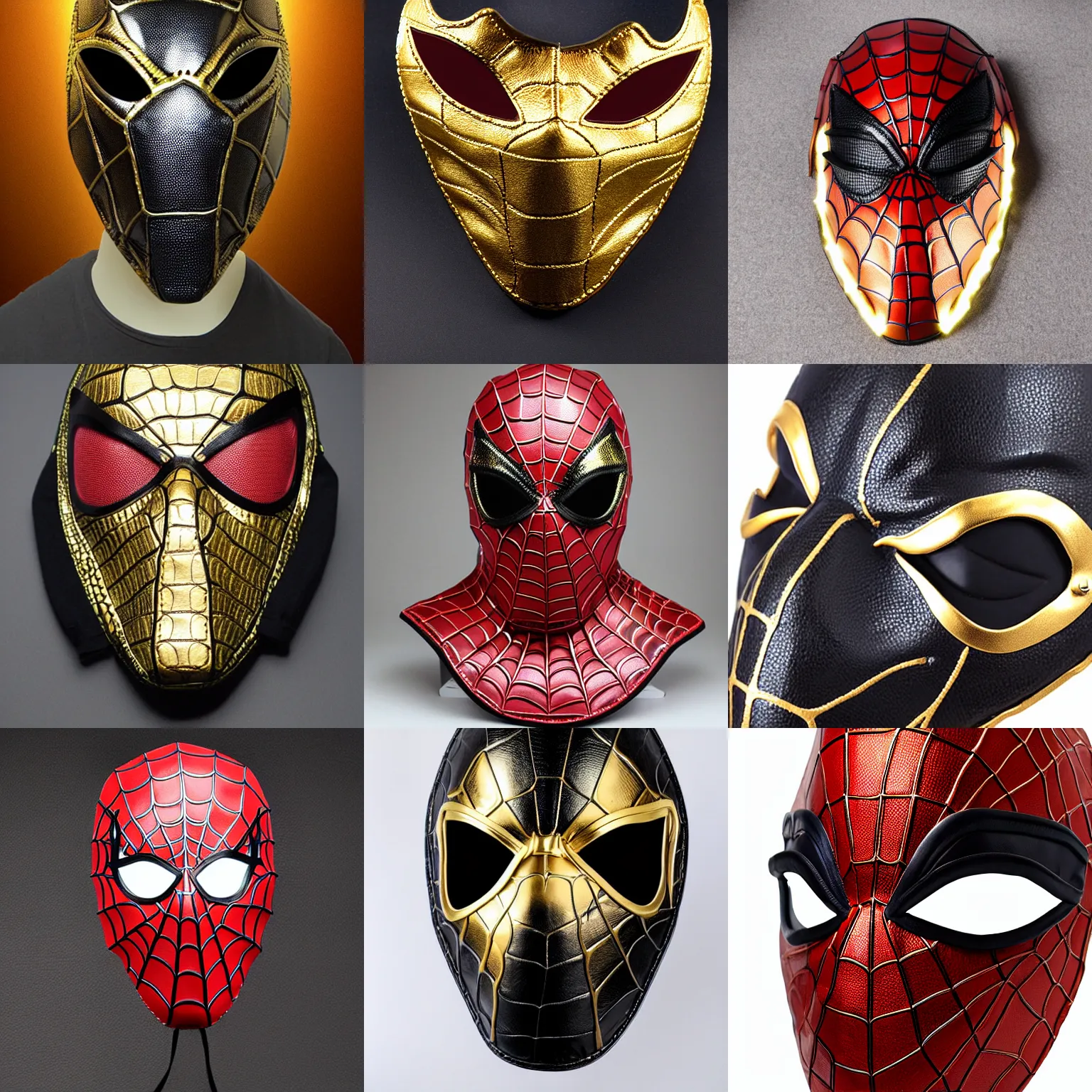 Prompt: luxury crocodile leather spider - man mask with golden seams, luxury item showcase, studio lighting